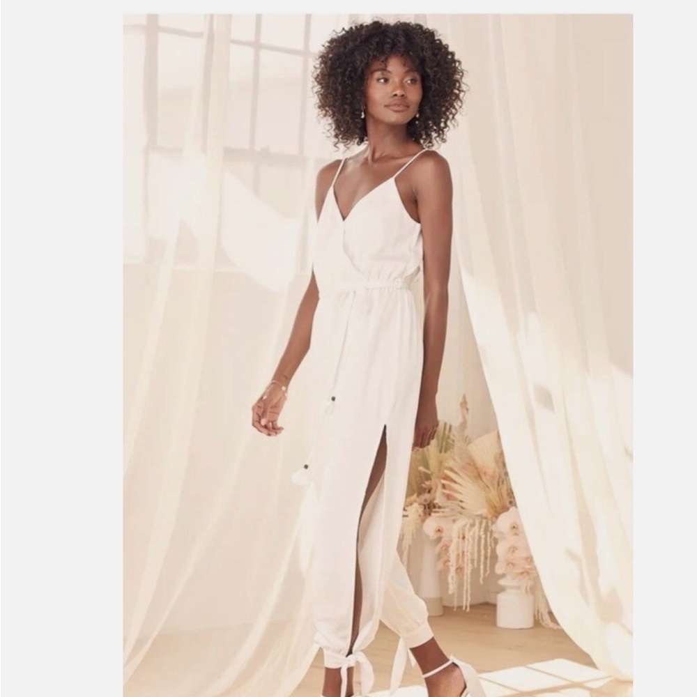 Lulus Lovely As Can Be White Satin Surplice Sleeveless Jumpsuit Women Size Small
